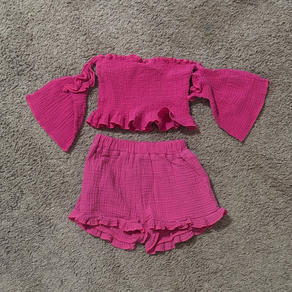 SHEIN Hot Pink Off-Shoulder Ruffle Kids Matching Set